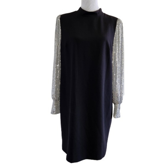🆕️⬇️Nicole Miller Black Stretch Crepe Camille Dress With Sequin Puff Sleeves - Picture 2 of 15